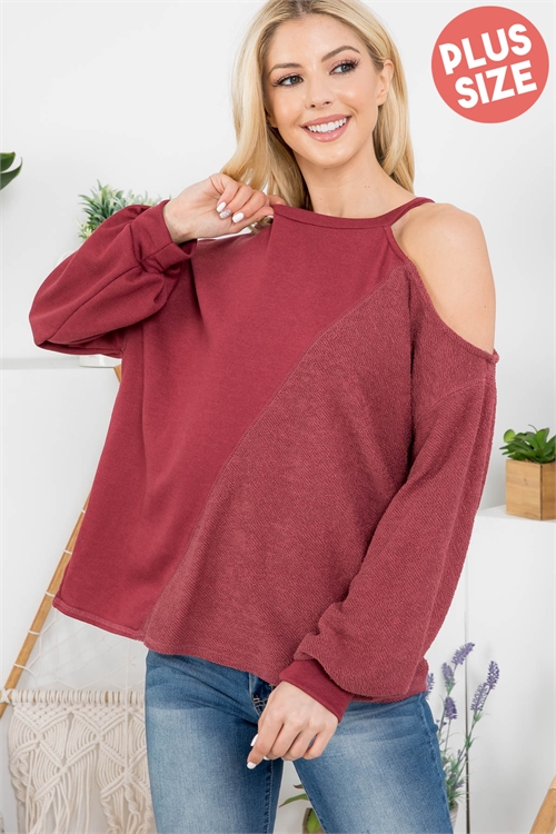 C72-A-2-T1567X BURGUNDY ROUND NECKLINE COLD SHOULDER CUFFED SLEEVE PLUS SIZE TOP 3-2-1 (NOW $3.00 ONLY!)