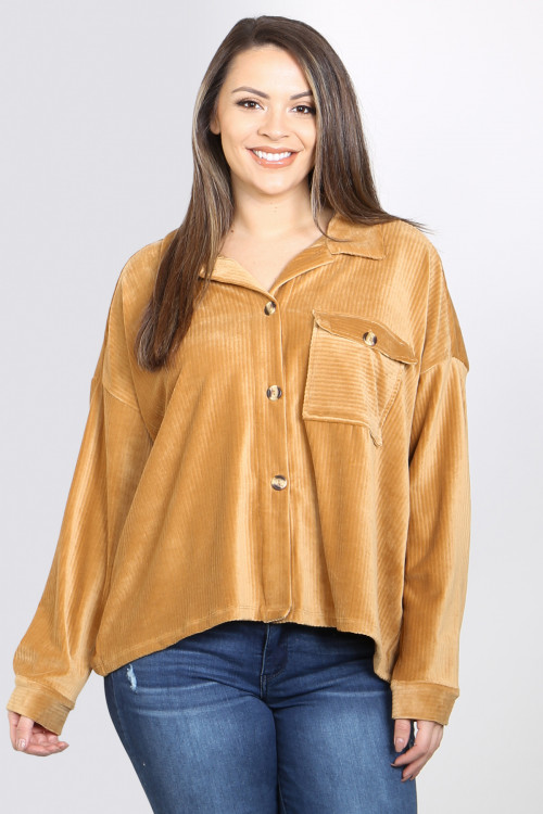 S10-12-1-T1416X GOLD TAILORED COLLAR BUTTON DOWN WITH FRONT POCKET DETAIL VELVET LONG SLEEVE PLUS SIZE TOP 3-2-1