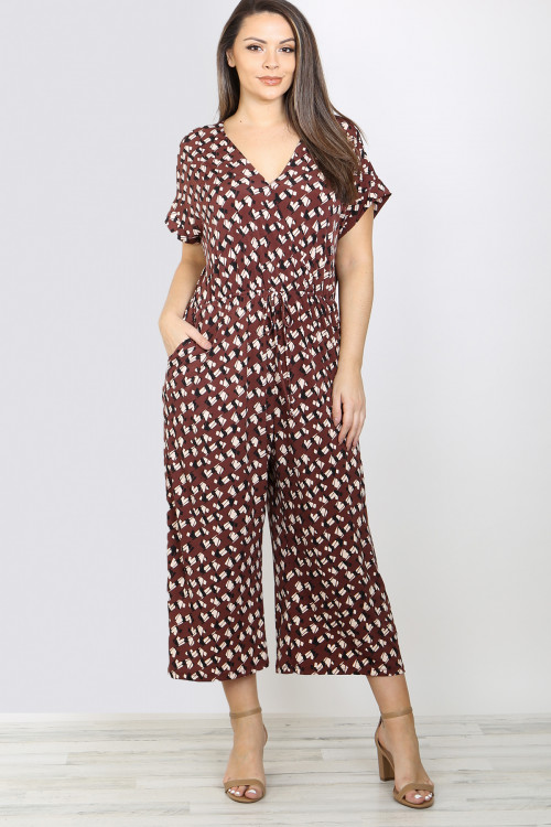 S10-9-3-J3092X BROWN IVORY ABSTRACT PRINT V-NECK SHORT SLEEVE DRAW STRING PLUS SIZE JUMPSUIT 3-2-1