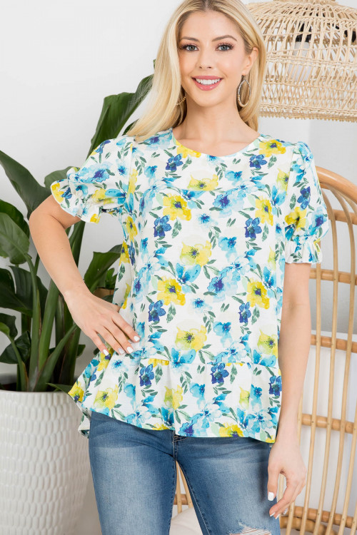 C6-A-3-T10740 BLUE WITH FLOWER PRINT ROUND NECK RUFFLED TOP 2-2-2