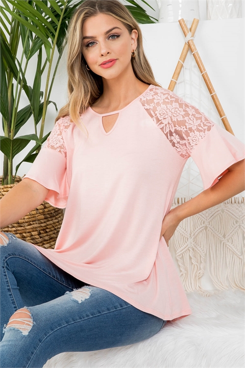 C34-A-2-AD4647 BLUSH KEYHOLE LACE DETAILED BELL SLEEVE TOP 2-2-2-2