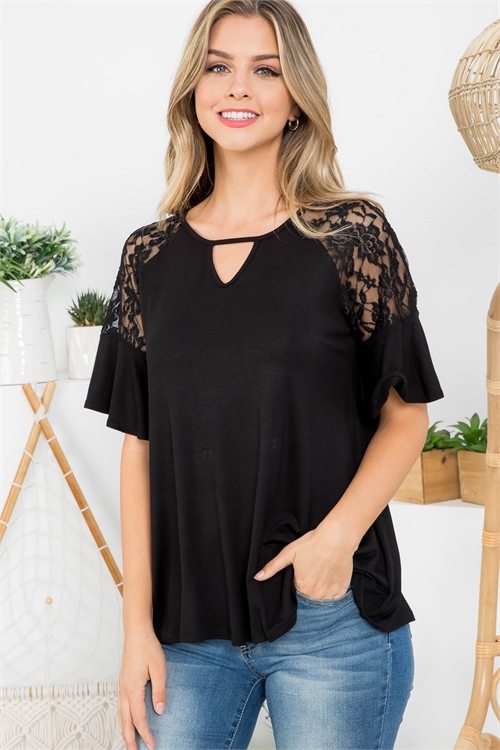 C34-A-2-AD4647 BLACK KEYHOLE LACE DETAILED BELL SLEEVE TOP 2-2-2-2
