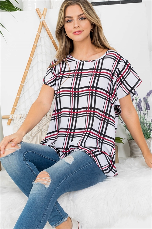 C36-A-3-AD4692 WHITE RED BLACK CHECKERED RAFFLE SLEEVE BACK TIE TOP 2-2-2-2