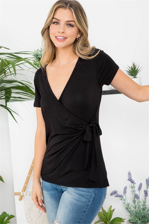 C36-A-3-AD4521 BLACK DEEP V-NECK SURPLICE SIDE KNOT TIE TOP 2-2-2