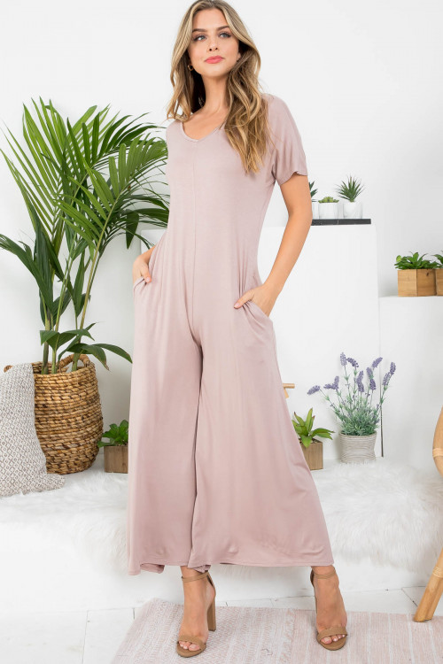 C32-A-1-AD4312 TAUPE V-NECK SHORT SLEEVE BELL BOTTOM JUMPSUIT 2-2-2