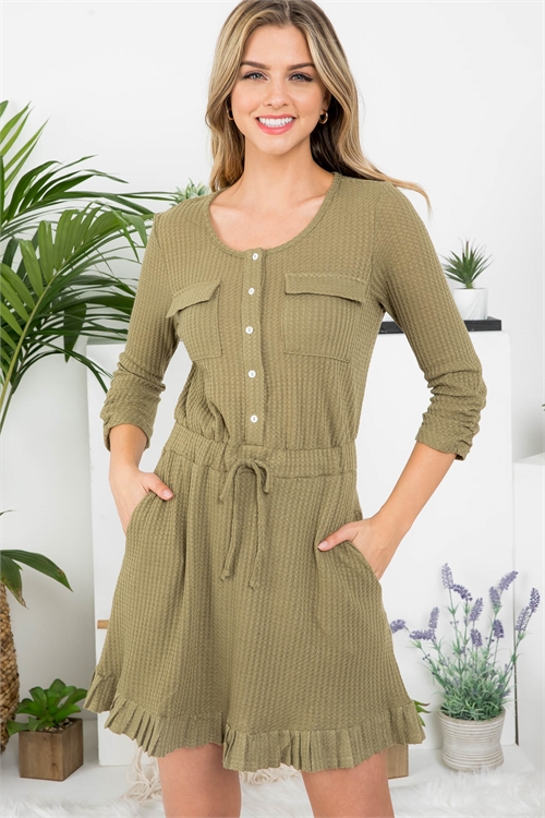 S10-7-4-D4296 OLIVE ROUND NECK BUTTON DOWN DRAWSTRING RAFFLE DRESS 1-2-2