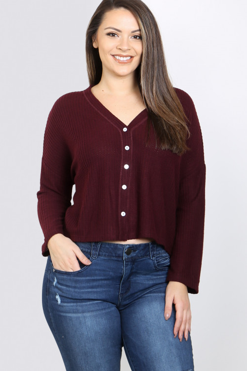 S12-3-2-T2249X BURGUNDY V-NECK BOTTON DOWN LONG SLEEVE PLUS SIZE TOP 3-2-1