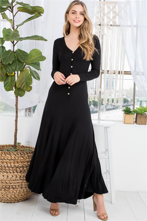 C56-A-2-AD4804 BLACK V-NECK BUTTON DOWN LONG SLEEVE FLARED DRESS 2-2-2-1