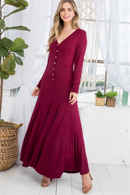 C56-A-2-AD4804 BURGUNDY - V-NECK BUTTON DOWN LONG SLEEVE FLARED DRESS 2-2-2-1