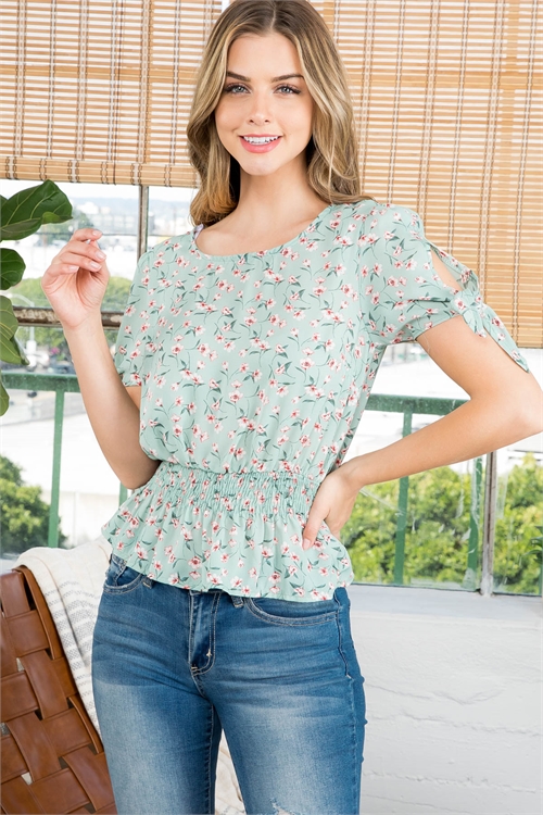 S6-2-2-T6560 SAGE WITH FLOWERS PRINT ROUND NECK DETAILED KNOT SLEEVE RUCHED TOP 2-2-2