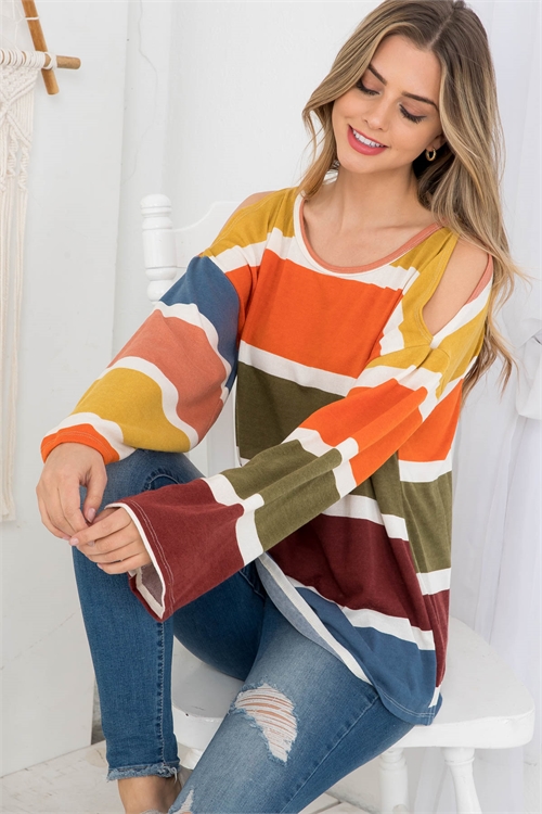 C54-A-2-T9461 OLIVE BURGUNDY MULTI ROUND NECK COLD SHOULDER LONG SLEEVE TOP 2-2-2