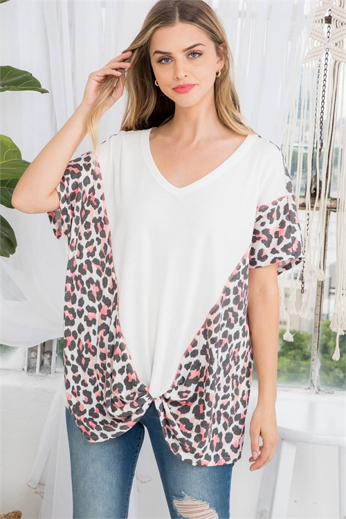 C56-A-2-T10695 IVORY PINK ANIMAL PRINT V-NECK DETAILED FRONT KNOT PONCHO STYLE TOP 2-2-2