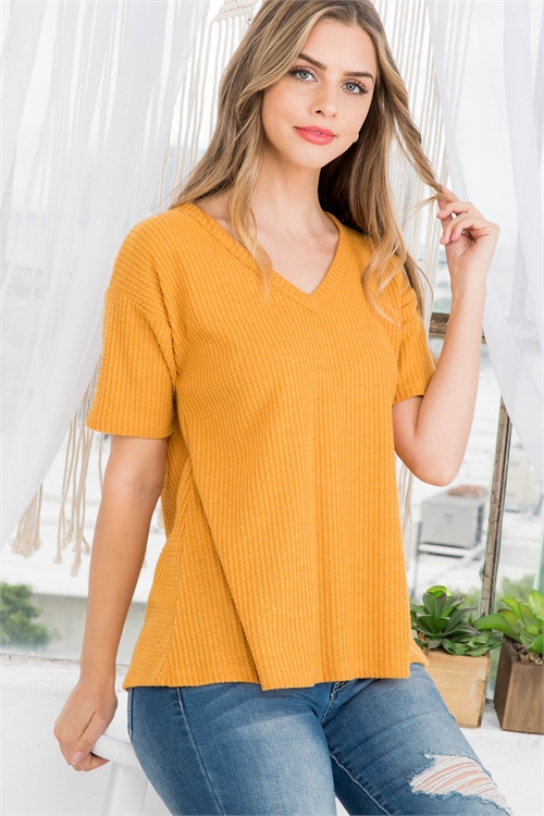 C56-A-1-T9213 MUSTARD V-NECK DETAILED PATTERN A-LINE TOP 2-2-2
