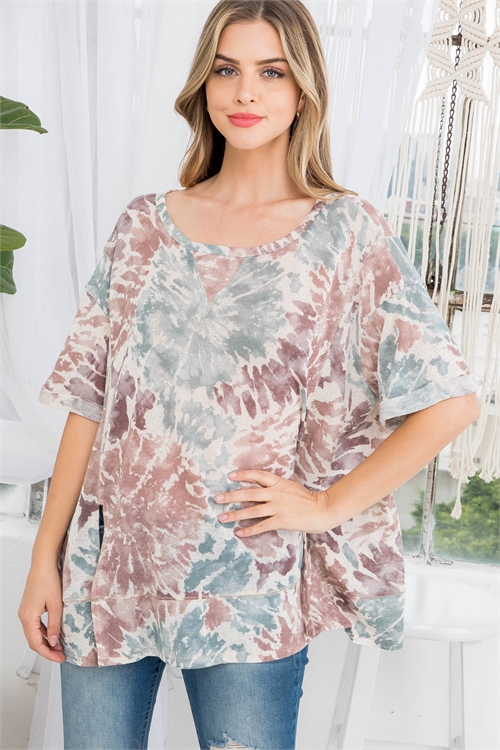 C68-A-1-T10724 TAN TEAL TIE DYE ROUND NECK FRONT SLIT CUFFED SLEEVE TOP 2-2-2