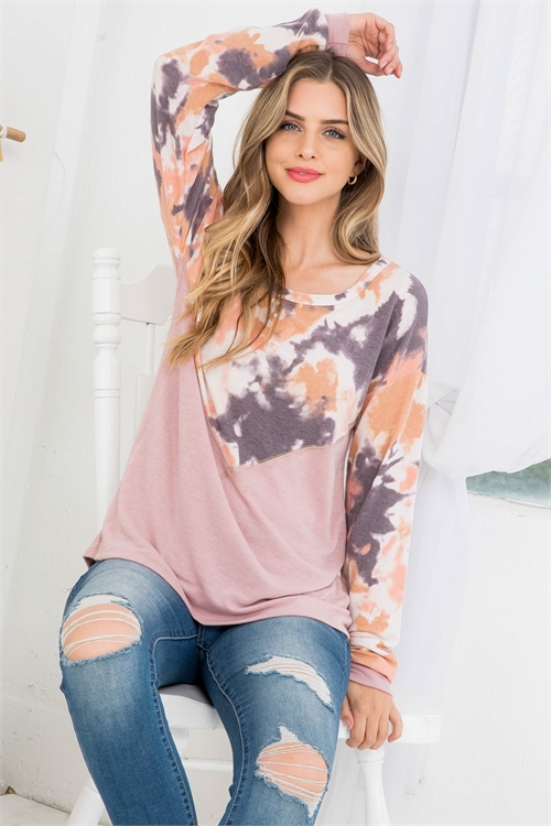 C74-A-2-T10798 MAUVE TIE DYE ROUND NECK CUFFED LONG SLEEVE TOP 2-2-2