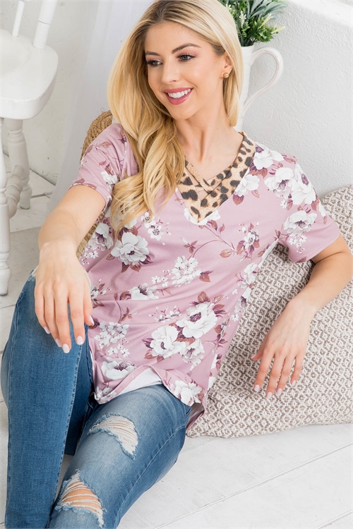 C56-A-2-T1028 PINK FLORAL ANIMAL PRINT CROSSED V-NECK DETAIL TOP 1-2-2-1