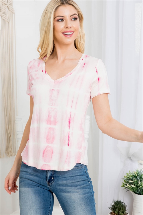 C58-A-2-AV-407 PINK TIE DYE PRINT V-NECK RAYON SHORT SLEEVE TOP 1-2-2-1