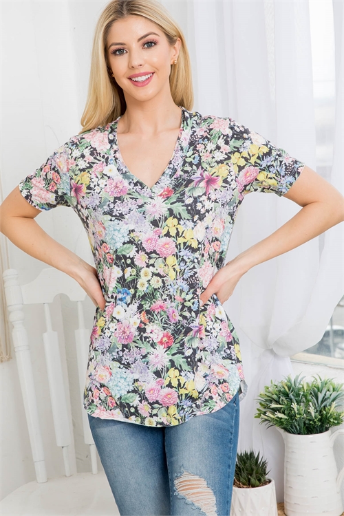 C60-A-1-AV-407 BLACK MULTI FLORAL PRINT V-NECK DETAIL SHORT SLEEVE TOP 1-2-2-1