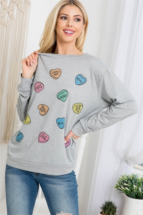 S11-18-2-T765 GRAY MULTI HEARTS PRINT CUFFED LONG SLEEVE SWEATER TOP 2-2-2