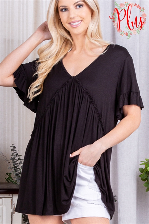 C4-A-1-ET6220-10X BLACK V-NECK RUFFLED FRONT & SLEEVE PLUS SIZE TOP 2-2-2