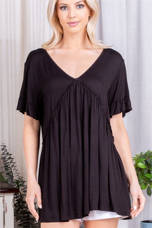 C10-A-1-ET6220-10 BLACK V-NECK RUFFLED FRONT & SLEEVE TOP 2-2-2