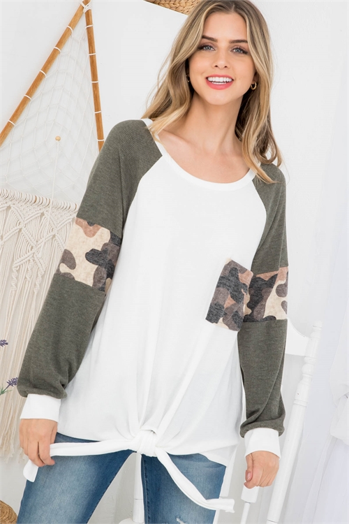 C82-A-1-T9681 WHITE OLIVE ROUND NECK DETAILED CAMOUFLAGE POCKET CUFFED LONG SLEEVE FRONT KNOT TOP 3-3