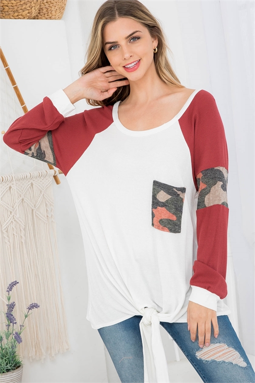 C82-A-1-T9681 WHITE BRICK ROUND NECK DETAILED CAMOUFLAGE POCKET CUFFED LONG SLEEVE FRONT KNOT TOP 1-3-3