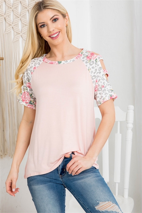 C86-A-1-T11242 BLUSH ROUND NECK FLORAL ANIMAL PRINT CUT-OUT SLEEVES TOP 2-3-3