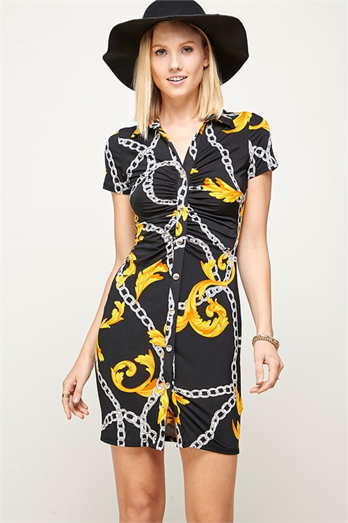 C4-A-1-MD1133-1 BLACK GOLD CHAIN PRINT COLLARED BUTTON DOWN SHIRT STYLE DRESS 2-2-2