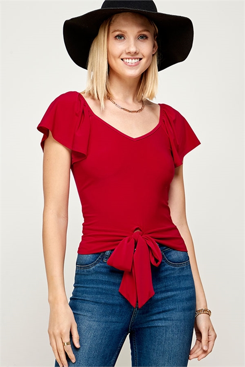 C8-B-3-MT2518 RED V-NECK DETAILED FRONT KNOT TOP 2-2-2