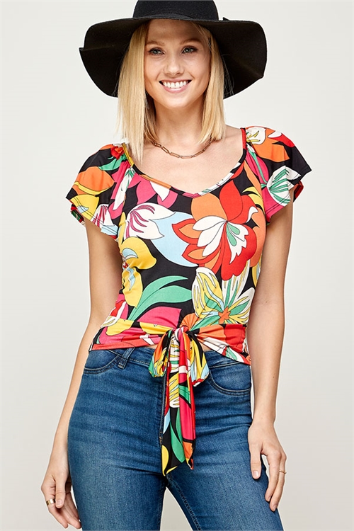 C8-B-3-MT2518-2 MULTI FLORAL V-NECK DETAILED FRONT KNOT TOP 2-2-2