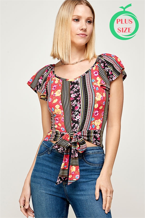 C12-B-3-MT2518-1X TOMATO MULTI V-NECK FLORAL PRINT DETAILED FRONT KNOT PLUS SIZE TOP 2-2-2