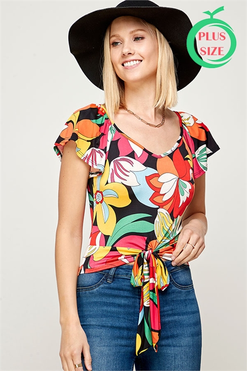 C12-B-3-MT2518-2X MULTI FLORAL V-NECK DETAILED FRONT KNOT PLUS SIZE TOP 2-2-2