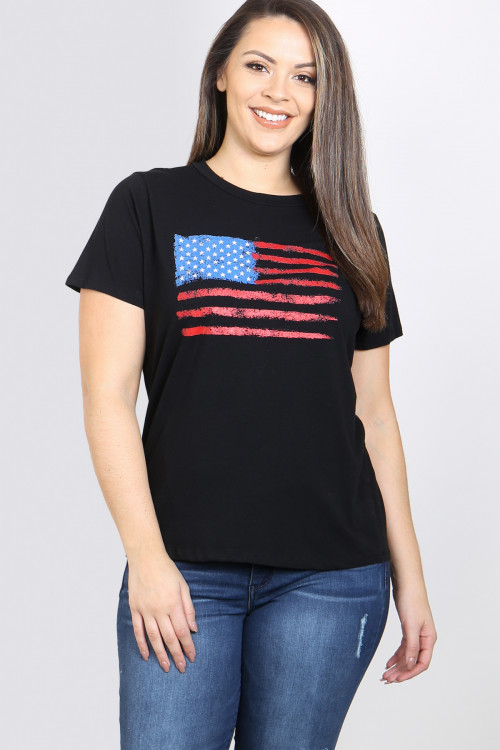 C12-B-3-T1706X BLACK ROUND NECK USA FLAG PRINT SHORT SLEEVE PLUS SIZE TOP 2-2-2