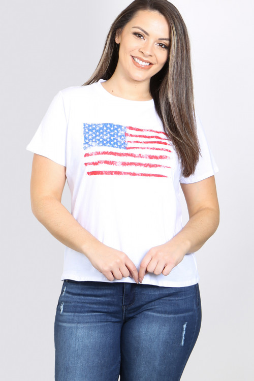 C12-B-3-T1706X WHITE ROUND NECK USA FLAG PRINT SHORT SLEEVE PLUS SIZE TOP 2-2-2