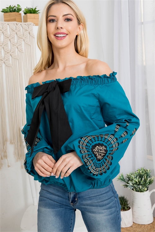 S9-20-5-T5457 TEAL OFF-SHOULDER WITH DETAILED FRONT RIBBON EMBROIDERED LONG SLEEVE TOP 2-1