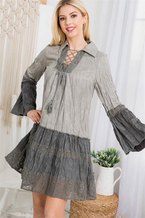 S4-2-3-D3961 GRAY TAILORED COLLAR DETAILED LACED FRONT BELL SLEEVES RUFFLED DRESS 2-2-2