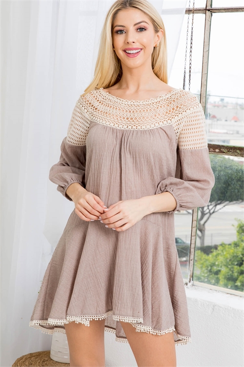 S8-3-1-D3911 TAUPE DETAILED CROCHET SHOULDER 3/4 SLEEVE RUFFLE DRESS 2-2-2