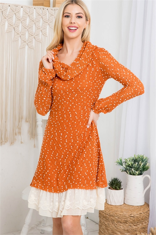 S9-19-3-D3757 RUST IVORY COWL NECK TEXTURED FABRIC RUFFLED LACE BOTTOM LONG SLEEVES DRESS 3-2-2