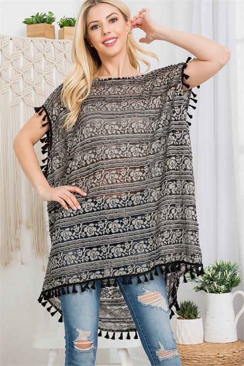 S10-4-2-T5316 BLACK SCOOP OFF-SHOULDER NECK FLORAL LACE DETAILED WITH TASSLE PONCHO STYLE TOP / 3PCS