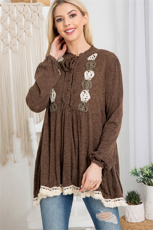 S9-5-4-T5990 BROWN RUCHED NECK WITH DRAW STRING CROCHET FRONT DETAIL FRINGED BOTTOM TOP 2-2-2