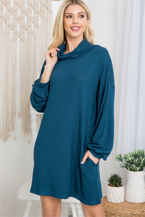 SA3-00-3-D30016 TEAL COWL NECK WITH BOTTOM SIDE POCKET CUFFED LONG SLEEVE BABYDOLL DRESS 2-2-2 (NOW $5.75 ONLY!)