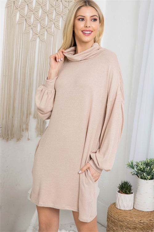 SA3-0-3-D30016 BEIGE COWL NECK WITH BOTTOM SIDE POCKET CUFFED LONG SLEEVE BABYDOLL DRESS 2-2-2 (NOW $5.75 ONLY!)