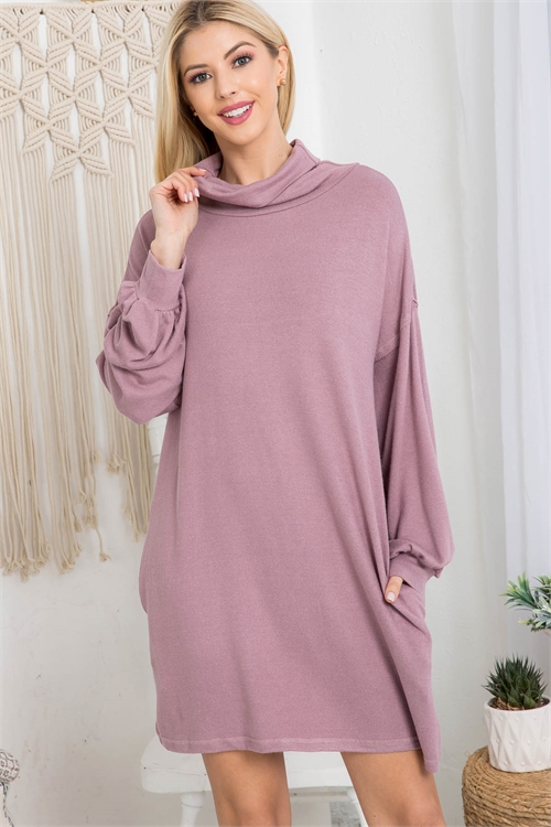 SA3-0-3-D30016 MAUVE COWL NECK WITH BOTTOM SIDE POCKET CUFFED LONG SLEEVE BABYDOLL DRESS 2-2-2 (NOW $5.75 ONLY!)