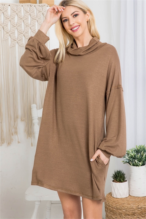 SA3-5-3-D30016 MOCHA COWL NECK WITH BOTTOM SIDE POCKET CUFFED LONG SLEEVE BABYDOLL DRESS 2-2-2 (NOW $5.75 ONLY!)