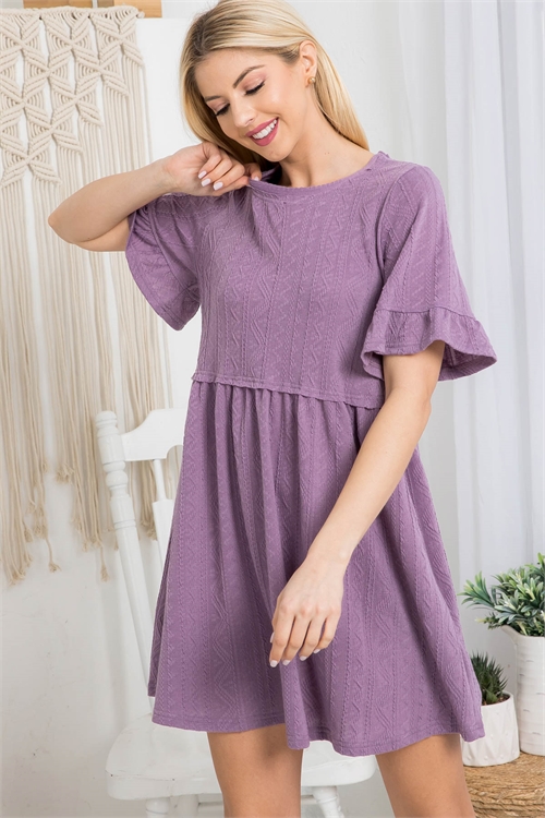 S12-3-3-D30059 VIOLET ROUND NECK TEXTURED DETAIL FABRIC BELL SHORT SLEEVE RUFFLE DRESS 2-2-2