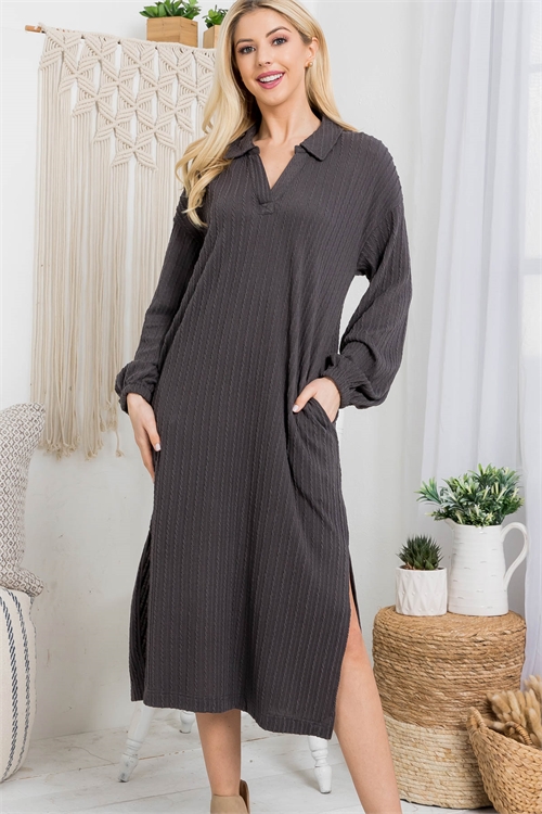 S10-18-1-D30019 CHARCOAL TAILORED COLLAR V-NECK WITH SIDE POCKET CUFFED LONG SLEEVE DRESS 2-2-2