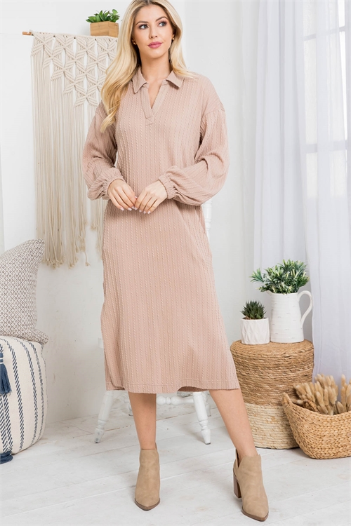 S4-1-1-D30019 MOCHA TAILORED COLLAR V-NECK WITH SIDE POCKET CUFFED LONG SLEEVE DRESS 2-2-2