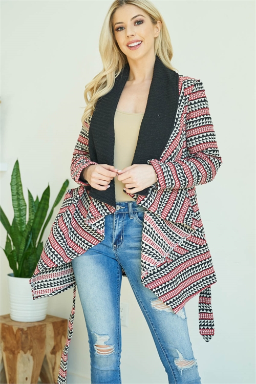 S11-16-1-J4006 BLACK RED RIBBED NECK TRIBAL PRINT WITH TIE BELT ASYMETRIC WRAP MID-LENGTH JACKET 2-2-2