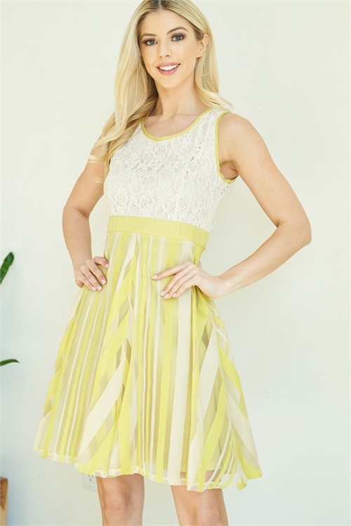 S11-10-4-D3688 BEIGE LIGHT YELLOW ROUND NECK WITH DETAILED LACE & BACK BOW SLEEVELESS A-LINE DRESS 1-1